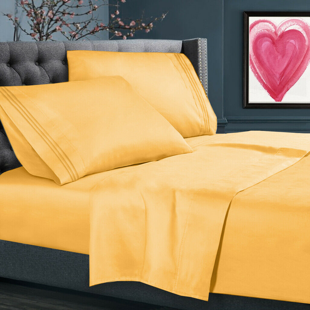 Bed Sheets - All Sizes Bed Sheets - 4 Piece Bed Sheet Set, All Colors Available - Yellow / Queen