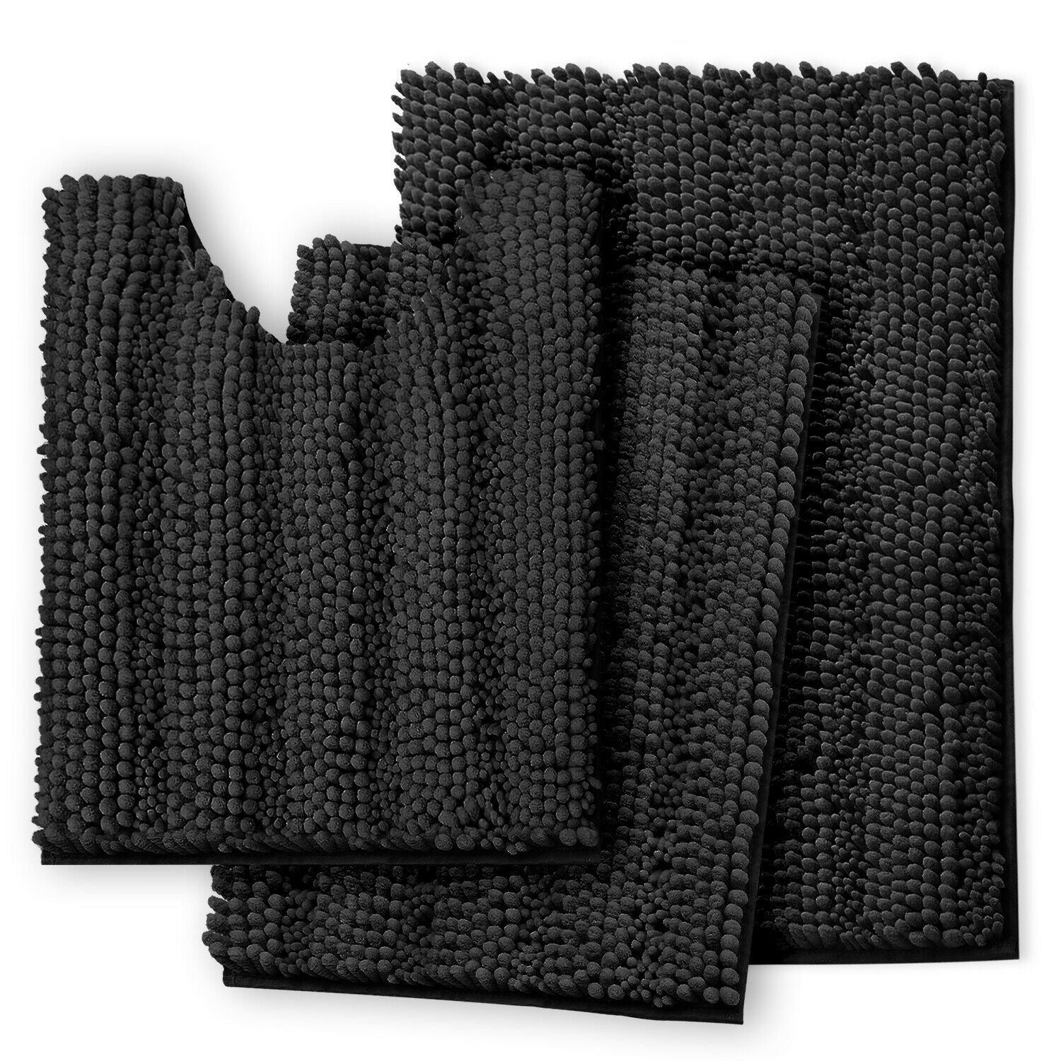 Bath Mats & Rugs - Bathroom Rugs & Bath Mat Set - 3 Piece Absorbent Chenille - 10 Colors! - Black