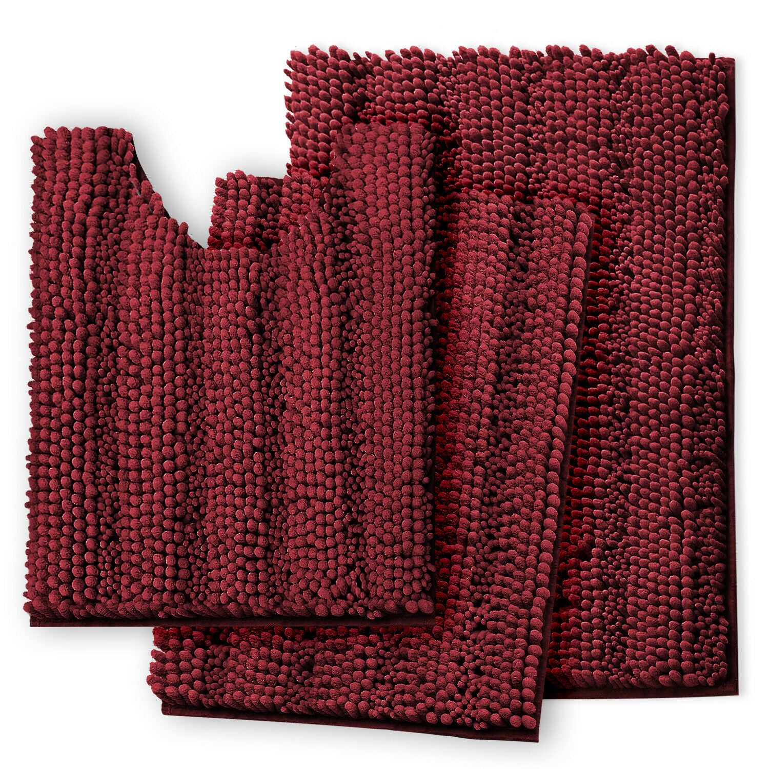 Bath Mats & Rugs - Bathroom Rugs & Bath Mat Set - 3 Piece Absorbent Chenille - 10 Colors! - Red